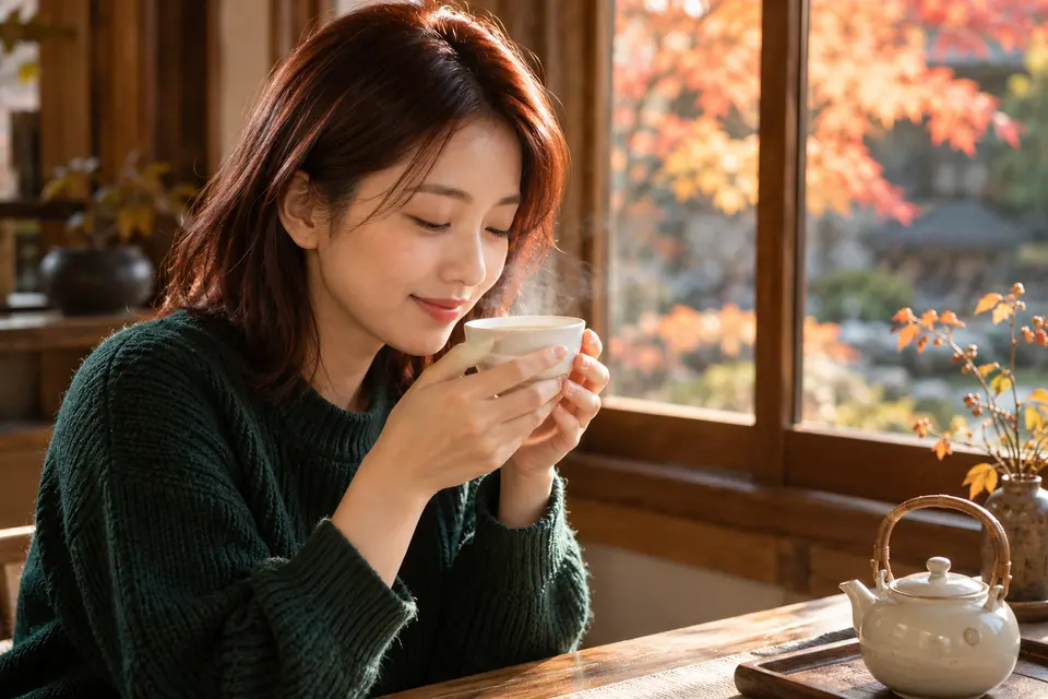 秋日窗边，年轻女性持白瓷杯闻茶香