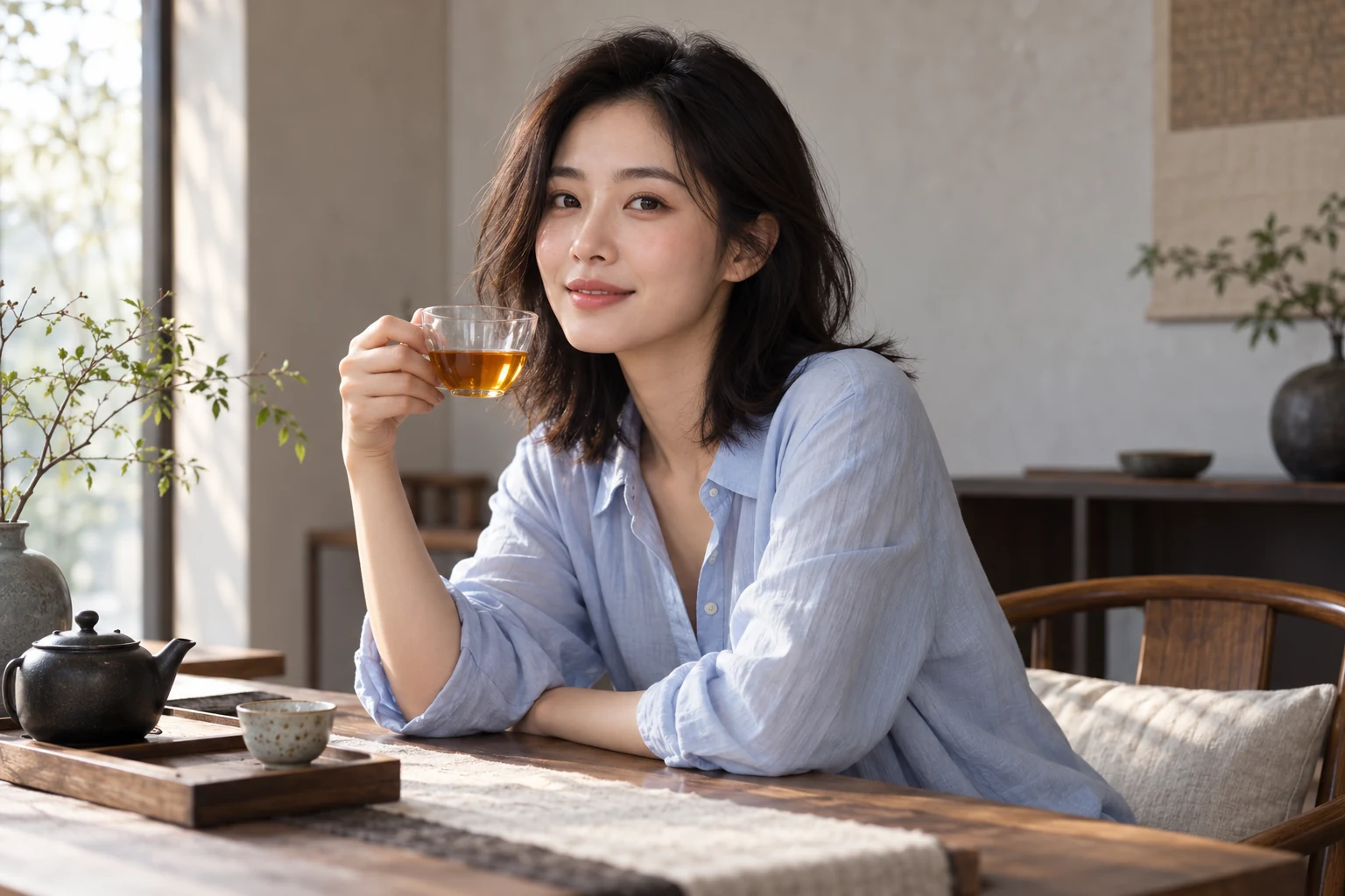 都市茶室内年轻女性持杯品饮，光线柔和
