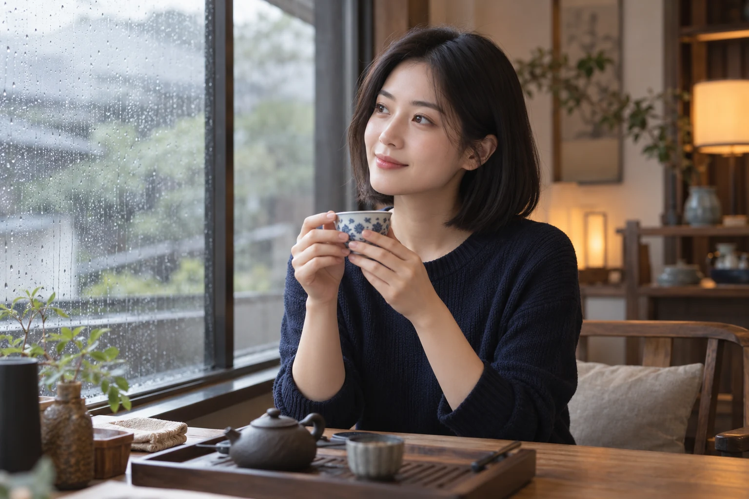 雨天窗边，年轻女性捧杯品茶望向窗外